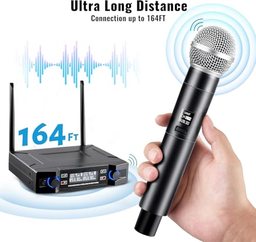 Wireless Microphone System，Dual VHF Dynamic Handheld Mic Set-W100U | SNR ≥110dB, 18dBm Transmission, 164ft Long Range, Plug & Play, Cordless Dynamic Microphones for Singing, Karaoke, Church, DJ