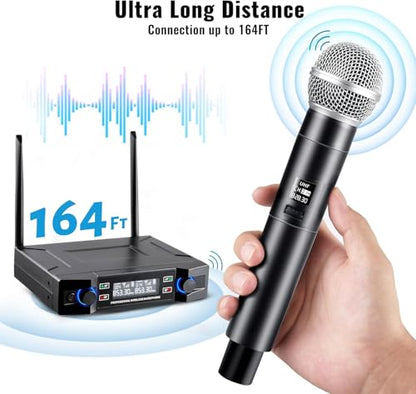 Wireless Microphone System，Dual VHF Dynamic Handheld Mic Set-W100U | SNR ≥110dB, 18dBm Transmission, 164ft Long Range, Plug & Play, Cordless Dynamic Microphones for Singing, Karaoke, Church, DJ