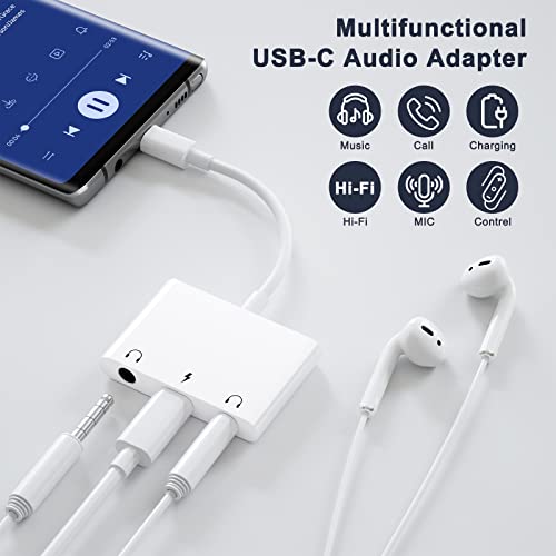 UWECAN USB C to 3.5mm Audio Adapter, 3 in 1 Aux to USB C Headphone Splitter Dual 3.5mm Audio Jack and PD 60W Fast Charging, Compatible for iPhone 15 16,Galaxy S22 S21/Note 20,Pixel 4 3 XL,Huawei,etc - color: White