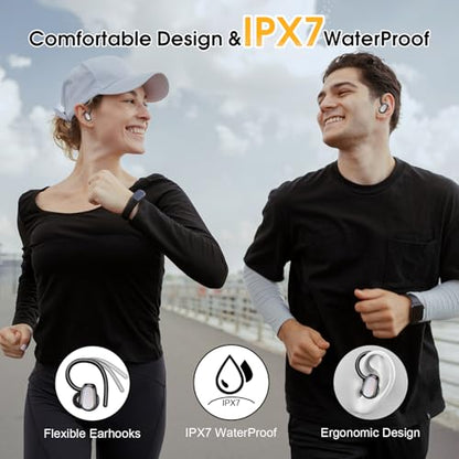 Jesebang Wireless Earbuds, Bluetooth 5.4 Headphones Sport, Over Ear Buds with ENC Noise Canceling Mic, Deep Bass Stereo Ear Buds with Hook, 50H Playback, LED Display, IP7 Earphones for Workout, Grey | 50H Playback, IP7 Waterproof Earphones for Workout Run