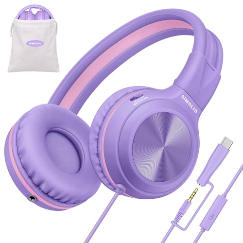 SIMOLIO Kids Wired Headphones with Mic, USB C & 3.5mm, 3-Level Safe Volume, Share Port & Pouch, Stereo Sound& Passive Noise Cancelling, Foldable Over Ear Headsets for Tablet Kindle iPhone iPad Travel - color: Dreamy Lavender USB C&3.5mm