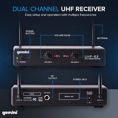 Gemini Dual-Channel UHF Headset & Lapel Mic System (UHF-02HL-S34) | Dual-channel UHF headset & lapel mics - 150 ft range - dual volume rotaries - auto-pair, 2 headsets