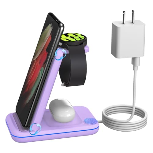 Multi Charger for Samsung, Foldable Charger ONLY for Galaxy Watch Ultra/7/6/5/4/3/Active 2, Travel 3 in 1 Fast Charging Station/Dock for Samsung S24/S23/S22/S21/S20/Note 20, for Buds 3/2 Pro(Violet) - color: Violet