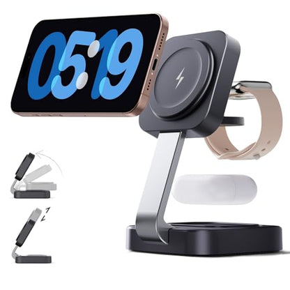 2026 Traveling Wireless Mag-Safe Fast Magnetic 3 in 1Charging Station | with iPhone 17 16 15 14 13 12 Pro Max Plus,Apple Watch Series & Air pods 4 3 2 Pro-Gifts for Wife & Husband(Black) - color: Black