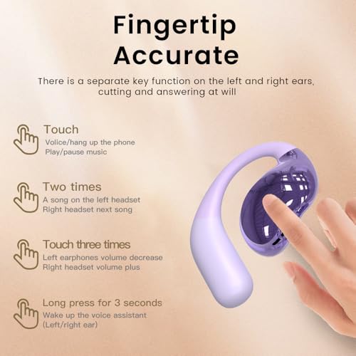 Open Ear Earbuds Ultra Comfort Wireless Bluetooth 5.4 Headphones Over The Ear Earbuds with Intelligent Touch Screen EarHooks IPX7 Waterproof Bone Conduction Earphones for Fitness Sports-Purple - color: PURPLE