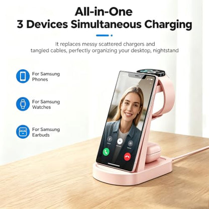 Wireless Charging Station for Samsung/Android, Fast Wireless Watch Charger Station Compatible for Samsung Galaxy S26 Ultra/S25/S24+/Z Flip 7/6 Fold 7/6, Watch8/7/Pro/Active 2 Galaxy Buds3/2 Pro(Pink) - color: Pink