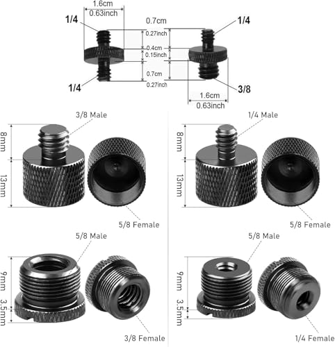 Microphone Mount Adapter Screw Set, 14 Pack, Black Aluminum Alloy, 3/8 Turn, 5/8 and 1/4 Thread, With Extension Tube, For Microphone Cantilever Camera Tripod Projector Stand, Fill Light