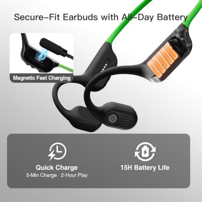 Bone Conduction Headphone Bluetooth 6.0, IP68 Waterproof Swimming Headphones Underwater Built-in 16G MP3 Player, Open Ear Headphones with Mic,15H Playtime for Running, Fitness(Green) - color: Green