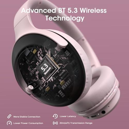 DOQAUS Bluetooth Headphones Over Ear, 70H Playtime,3 EQ Modes, with ENC Mic | 70 Hours Playtime, HiFi Stereo Sound, Deep Bass, Memory Foam Earpads, Headphones Wireless for Phone PC Travel Home Office - color: Pink