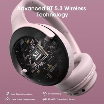 DOQAUS Bluetooth Headphones Over Ear, 70H Playtime,3 EQ Modes, with ENC Mic | 70 Hours Playtime, HiFi Stereo Sound, Deep Bass, Memory Foam Earpads, Headphones Wireless for Phone PC Travel Home Office - color: Pink