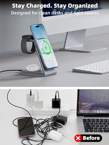 TRIBONE 3 in 1 MagSafe Wireless Charging Station for iPhone Watch AirPods | Qi2 certified 15W fast magnetic charging. For iPhone 17/16/15/14/13/12, AirPods Pro, Apple Watch Ultra.