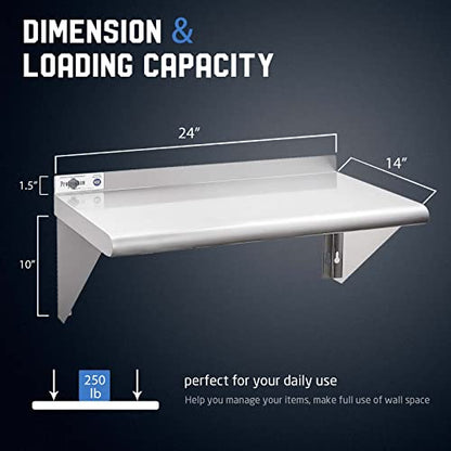 Profeeshaw NSF Stainless Steel Shelf 14” x 24”, Commercial Wall Shelving | 250 lb, Wall Mounted Metal Shelves, with Backsplash and 3 Brackets, for Restaurant, Bar, Utility Room, Kitchen and Garage - size: 14"x24"