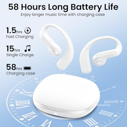 Piluyaa Open Ear Bluetooth 5.3 Earbuds, Wireless Headphones Sport Over Earphones Built-in Mic with Ear Hooks, 58H Playtime Ear Buds Fast Charging, IPX7 Waterproof for Running/Workout-White - color: WHITE