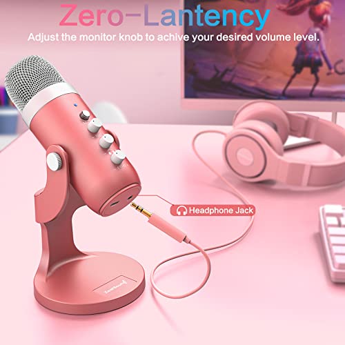 ZealSound Podcast Microphone for iPhone PC & Mac, Noise Cancellation USB Mic with Volume, Mute & Echo Control, Zero-Latency Monitoring, for ASMR, Podcasting, Vocal Recording & Voice-Over - K66 Pink