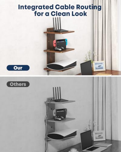 Floating TV Projector Shelf Wall Mount - 3 Tier Wooden Shelf, Walnut Brown | Home Decor, Cable Management, DVD Player, Router, Game Console, Cable Box, Play Station, Holds Up to 22lbs per Shelf - size: 3-Tier Shelf