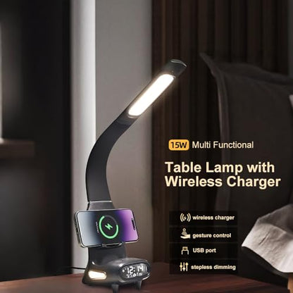 IHAO Multi Functional Smart Eye-Care Desk Lamp Wireless Charger & Digital Alarm Clock Gesture Control Adjustable Light 15W Fast Charging Hidden Phone Stand, Date Timer Display Wake-Up Light-TX79 White - color: Table Lamp TX79 White