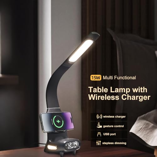 IHAO Multi Functional Smart Eye-Care Desk Lamp Wireless Charger & Digital Alarm Clock Gesture Control Adjustable Light 15W Fast Charging Hidden Phone Stand, Date Timer Display Wake-Up Light-TX79 Black - color: Table Lamp TX79 Black