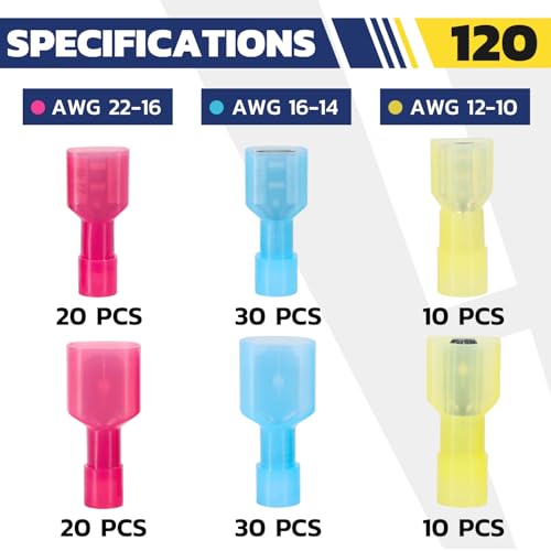 haisstronica 120 PCS Nylon Spade Connector, Male/Female, AWG 22-10 | Thick Crimp Barrels, Thick-Wall Nylon Sleeves, Auto and Trailer Repairs, Marine Wiring, Quick-Disconnect Wire Crimp Terminals - size: 120 PCS