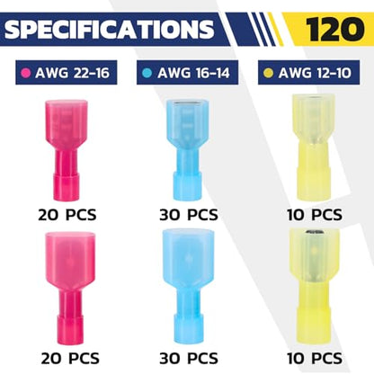 haisstronica 120 PCS Nylon Spade Connector, Male/Female, AWG 22-10 | Thick Crimp Barrels, Thick-Wall Nylon Sleeves, Auto and Trailer Repairs, Marine Wiring, Quick-Disconnect Wire Crimp Terminals - size: 120 PCS