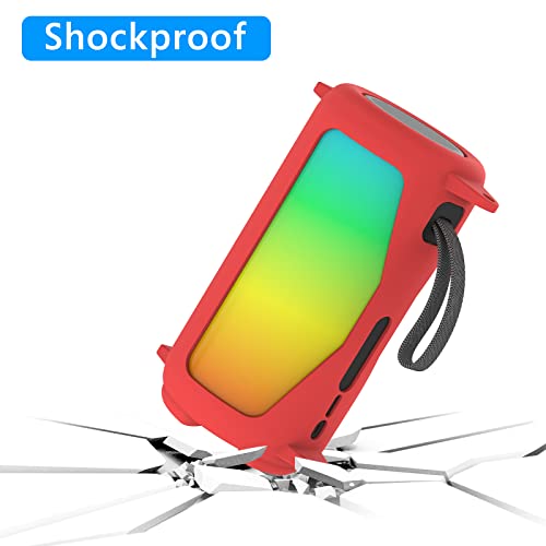 Geekria Silicone Speaker Case Cover Compatible with JBL Pulse 5, Protective Soft Skin, Replacement Bluetooth Speakers Travel Carrying Sleeve with Keychain Hook and Shoulder Strap (Red)