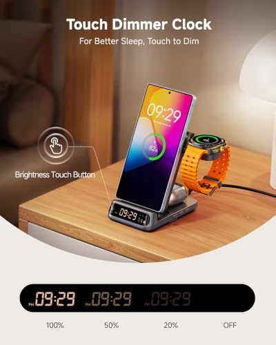 SwanScout 708S 3-in-1 Foldable Wireless Charger for Samsung Devices | Wireless Charging Station with Clock, for S26/S25/S24/S23/Z Flip8, for Galaxy Watch 8/7/FE/6/5/4, No Adapter - color: Tech Grey