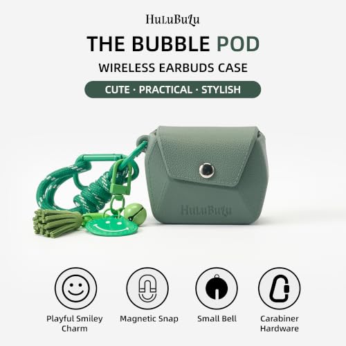 Bubble Pod Wireless Earbuds Case, Shockproof Waterproof EVA Case with Strap & Smiley Charm for Girls,Teens,Gift（Grey Green） - color: Grey Green