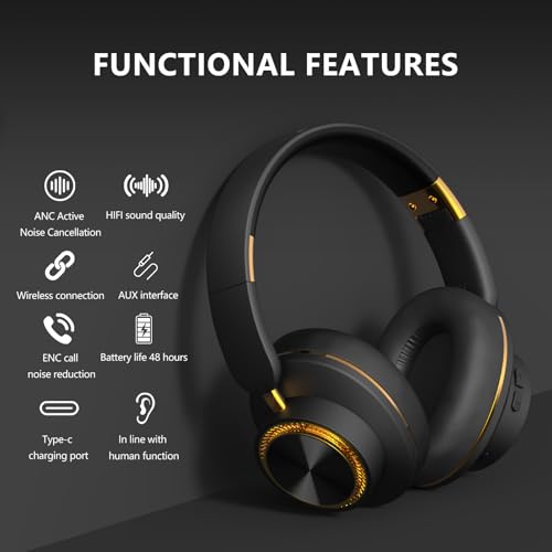 H8 BT 5.4 ANC Noise Cancelling Over-Ear Wireless Headphones (Black) | Deep Bass,120H Playtime,Foldable,High-Protein Ear Pads,1.5m 3.5mm AUX Cable,for Driving,Office,Travel,Online Class - color: Black