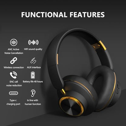H8 BT 5.4 ANC Noise Cancelling Over-Ear Wireless Headphones (Black) | Deep Bass,120H Playtime,Foldable,High-Protein Ear Pads,1.5m 3.5mm AUX Cable,for Driving,Office,Travel,Online Class - color: Black
