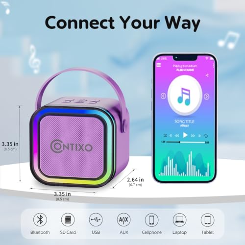 Contixo KS1 Mini Karaoke Machine for Kids, Portable Bluetooth Speaker with 2 Wireless Microphones & Dynamic Lights for Boys & Girls, Home Party Entertainment Toy (Purple) - color: Purple