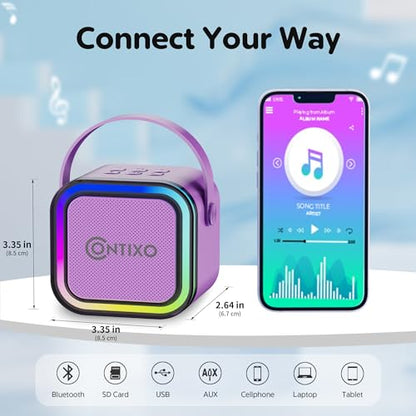 Contixo KS1 Mini Karaoke Machine for Kids, Portable Bluetooth Speaker with 2 Wireless Microphones & Dynamic Lights for Boys & Girls, Home Party Entertainment Toy (Purple) - color: Purple