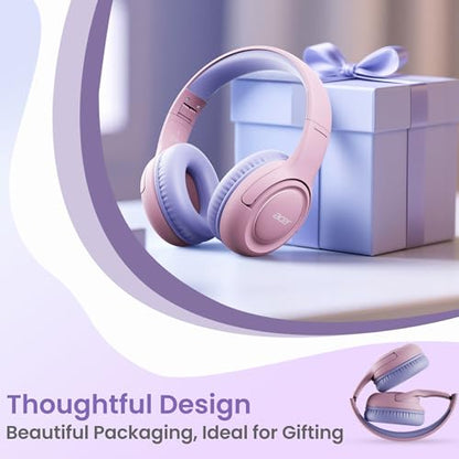 Acer Kids Headphones for School, 85-94dB Limiter, 3.5mm Jack, w/Mic HK03 | Foldable Wired Over Ear Headphones, for Toddler School/Tablet/iPad/PC/Travel, Pink-Purple - color: Pink Purple