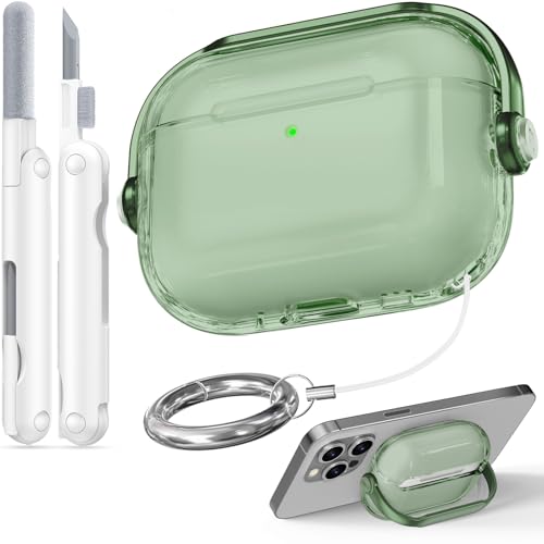 Case for Apple Airpods Pro 3 (Clear Green) | with Safety Lock, Phone Holder Function, High-Transparency TPU Material, with Portable Hook, Multifunctional Cleaning Tool - color: A-Clear Green, size: Airpods Pro 3 (2025)
