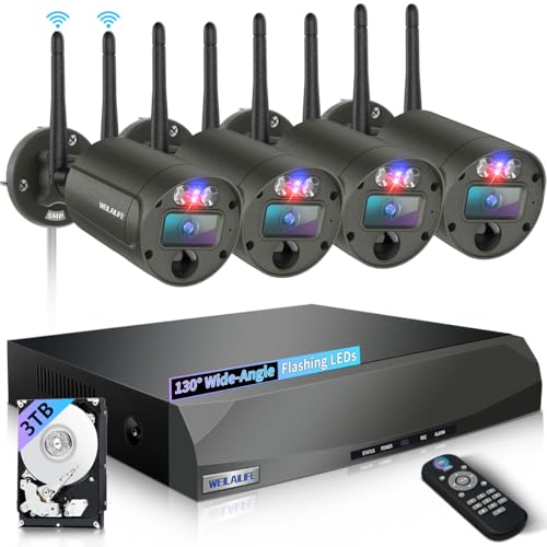 Outdoor Wireless Security Camera System, Wireless Surveillance System | 130° Wide View, 2-Way Audio, 90ft Night Vision, Motion Detection, No Monthly Fee, Remote Control Included - size: 4-Cams 3TB HDD