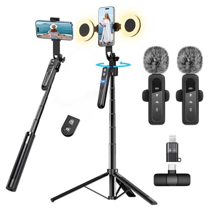 Content Creator Vlogging Kit for iPhone/Android,70-inch Auto Face Tracking Tripod for iPhone with Light and Wireless Microphones,TikTok/YouTube Starter Kit - color: Black-LM