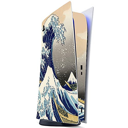 PlayVital Great Wave Dual Side Full Set Skin Decal for ps5 Console Digital Edition, Sticker Vinyl Decal Cover for ps5 Controller & Charging Station & Headset & Media Remote - color: Great Wave Dual Side