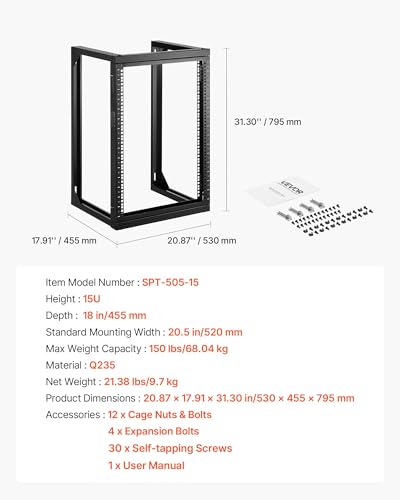 VEVOR 15U Open Frame Server Rack, Free Standing or Wall Mount Rack with 180 Degrees Gate Swing, Network Rack for 19" IT Equipment & A/V Devices - size: 15U Wall Rack