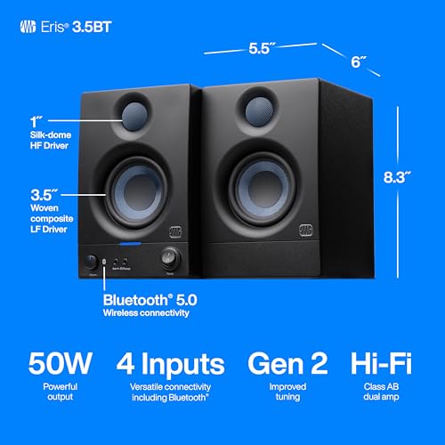 PreSonus Eris 3.5 Bluetooth Powered Studio Monitors, Pair —| | 50W, Woven-Composite Woofer, Silk-Dome Tweeter, Black - color: Black, size: 3.5" Bluetooth