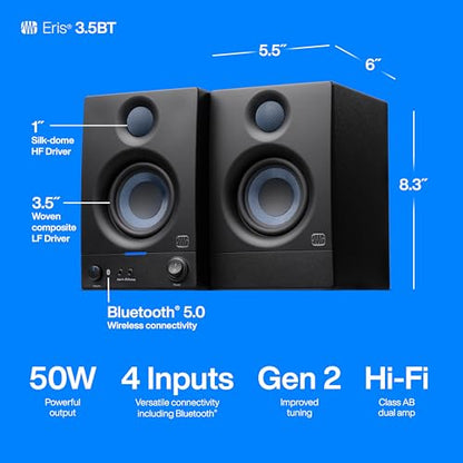 PreSonus Eris 3.5 Bluetooth Powered Studio Monitors, Pair —| | 50W, Woven-Composite Woofer, Silk-Dome Tweeter, Black - color: Black, size: 3.5" Bluetooth