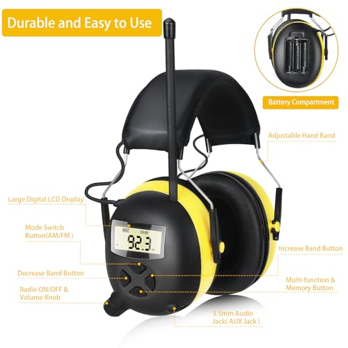 BJKing AM/FM Radio Headphones with Digital Display EP003, 30dB AM FM Hearing Protection Safety Ear Muffs, Ear Protection Headphone for Mowing, Landscaping, Shooting and Construction Black-Orange - color: Orange