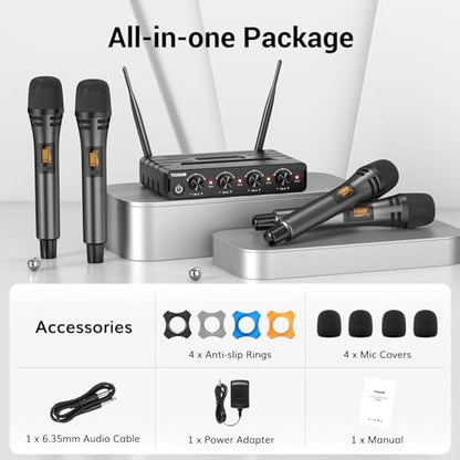 TONOR Wireless Microphones System, Handheld Microfono Inalambrico, Gray | 4x10 Channels Cordless Mics, 60 m/200FT UHF Range with Stable Signal Transmission for Karaoke Singing Party Church Wedding - style: 4 Handheld Mics Grey