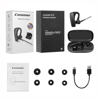 Conambo Bluetooth Headset with Dual Mic Noise Canceling & Mute Button Wireless Earpiece 16 Hrs Talking for Home Office Trucker – Compatible with iPhone Android Phone (K18)
