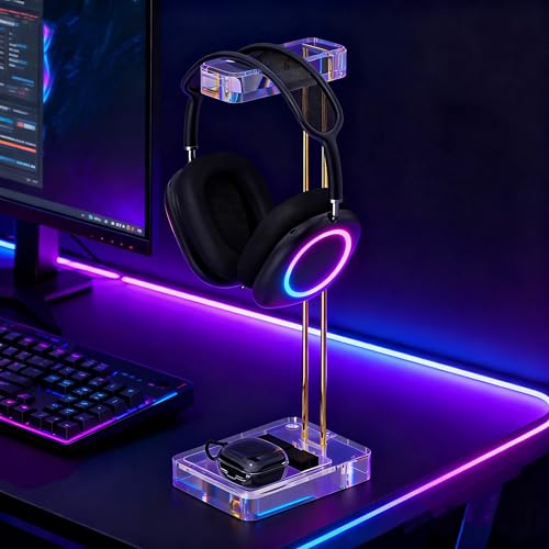 GEEKRIA Headphone Stand for Desk, Clear Acrylic Headset Stand with Gold Metal Accent, Gaming Headphone Holder, Universal Desktop Display Stand for Over-Ear Headphones