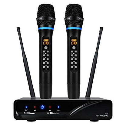 J10 Wireless Microphone Karaoke System Rechargeable, UHF Metal Cordless Microphone Handheld with Volume Echo Treble BASS Control and Receiver Box for Singing Karaoke Speech Meeting