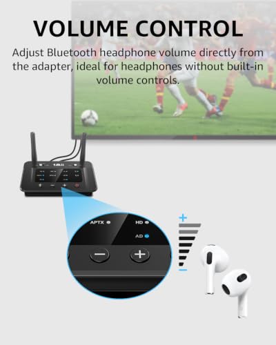 1Mii B03 Bluetooth 5.3 Transmitter Receiver for TV Home Stereo | aptX Low Latency/Adaptive/HD Wireless Audio Adapter to 2 Headphones, Volume Control, Optical RCA AUX, Soundbar Passthrough