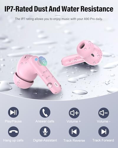 Wireless Earbuds, Bluetooth 5.4 Headphones Bass Stereo/Clear Calls, Pink | Ear Buds with Noise Cancelling Mic LED Display in Ear Earphones IP7 Waterproof 36H Bluetooth Earbuds for Phones/Sport/Laptop - color: Pink
