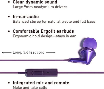 Panasonic ErgoFit Wired Earbuds with Microphone, 3.5mm Jack Headphones with Mic and Call Controller, Ergonomic Custom-Fit Earpieces (S/M/L), for Phones and Laptops - RP-TCM125-VA (Metallic Purple) - color: Metallic Purple, style: With Mic