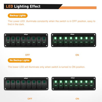 Nilight 8 Gang Rocker Switch Panel 5Pin On Off Toggle Switch Aluminum Holder 12V 24V Dash Pre-Wired Green Backlit Switches for Automotive Cars Marine Boats RVs Truck, 2 Years Warranty - color: Green, size: 8 Gang