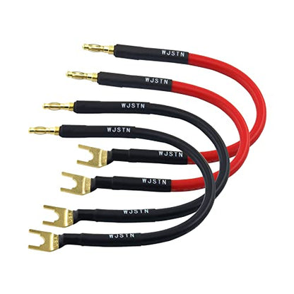 WJSTN 8 in HiFi Banana Plug to spade Speaker Jumper, 45 Degree U Plug to Banana Plug Connection Cable-4 Pack