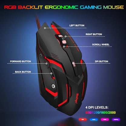 BlueFinger RGB Gaming Keyboard and Backlit Mouse and Headset Combo, USB Wired Backlit Keyboard, LED Gaming Mouse Set, Headset with Microphone for Laptop PC Computer Game and Work - color: Black