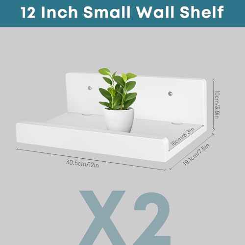 Floating Wall Shelves Set of 2, 12-Inch Solid Wood Shelves with Cable Holes, Small Display Shelf for Router, Webcam, Smart Speaker, Camera – White - color: White, size: 12 Inch-2 Pcs